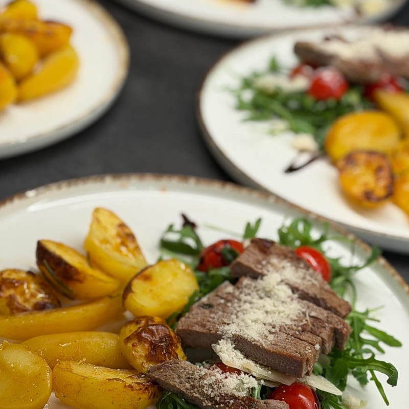 Rindstagliata mit Rucola, Parmesan und Ofenkartoffeln